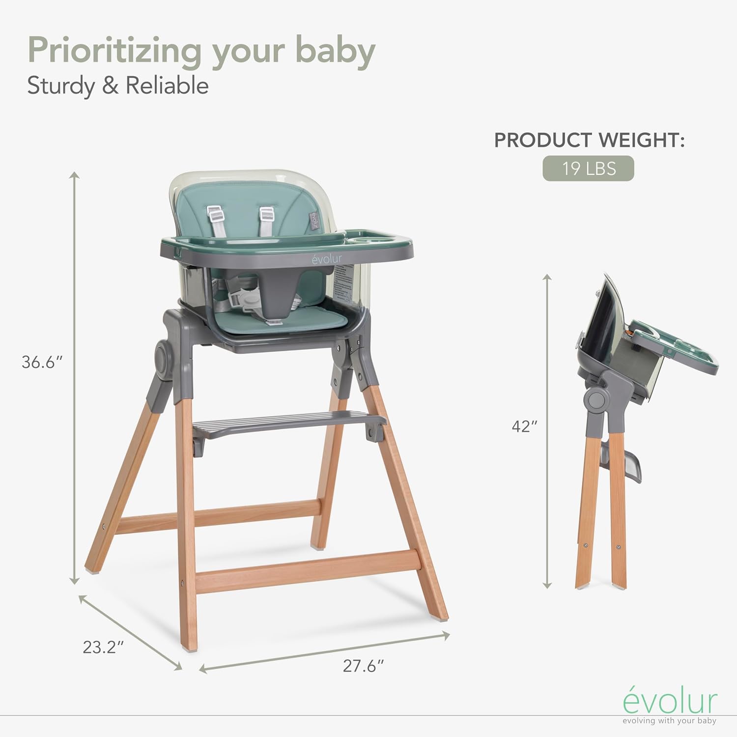Evolur Tiny Throne 3-in-1 Convertible High Chair, Removable & Dishwasher Safe Tray, Converts to Booster Seat & Adult Stool, Easy-to-Clean Feeding Solution – Matcha Green