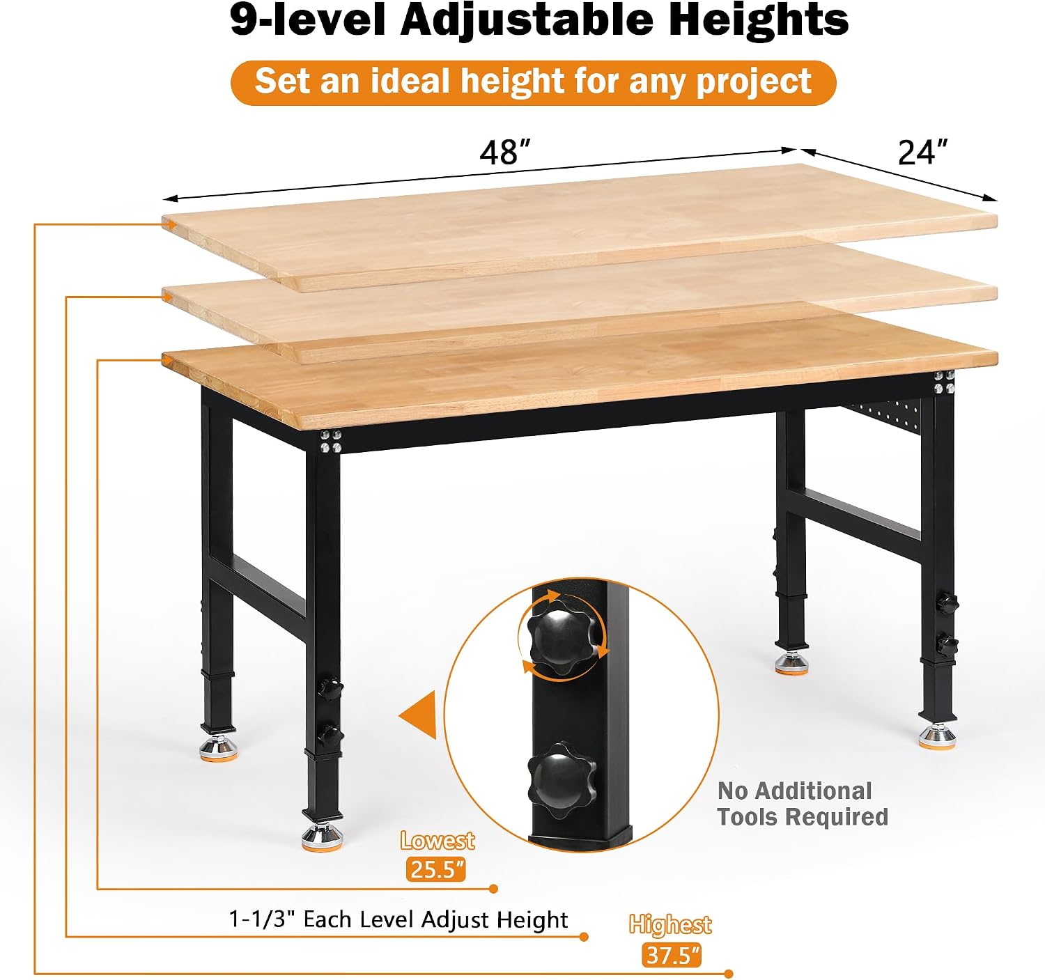 Betterhood Adjustable Height Workbench, 48' Rubber Wood Top Heavy Duty Workstation with Power Outlets, 2000 LBS Load Capacity Hardwood Worktable for Workshop, Garage, Office, Home, Commercial