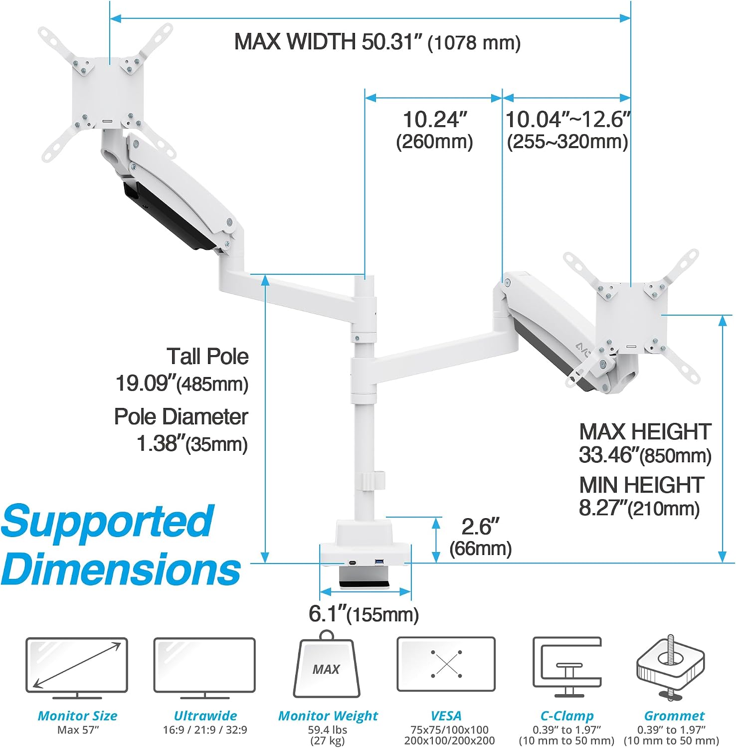 AVLT Dual 57 Inch Heavy Duty Stacking Monitor Arm Pole Top Mount with USB-C&A Ports-White, Height Adjustable, Easy Install Top C-Clamp/Grommet w/Reinforcement Plates, VESA Compatible 200/100/75