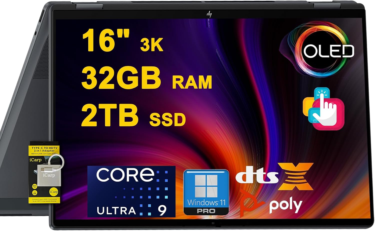 HP OmniBook X Flip 2-in-1 Laptop 16' 3K OLED Touch (500nits HDR, 120Hz) Intel 8-core Ultra 9 288V (Up to 48 Tops) 32GB RAM 2TB SSD for Creator Business Professional Win11Pro ICP Hub