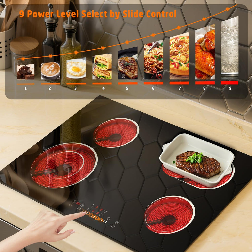 30 Inch Electric Cooktop 4 Burners with Slide Control, 6600W Built-in Radiant Electric Cooktop, 9 Power Levels, Hot Warning, 220V Hard Wire(No Plug)