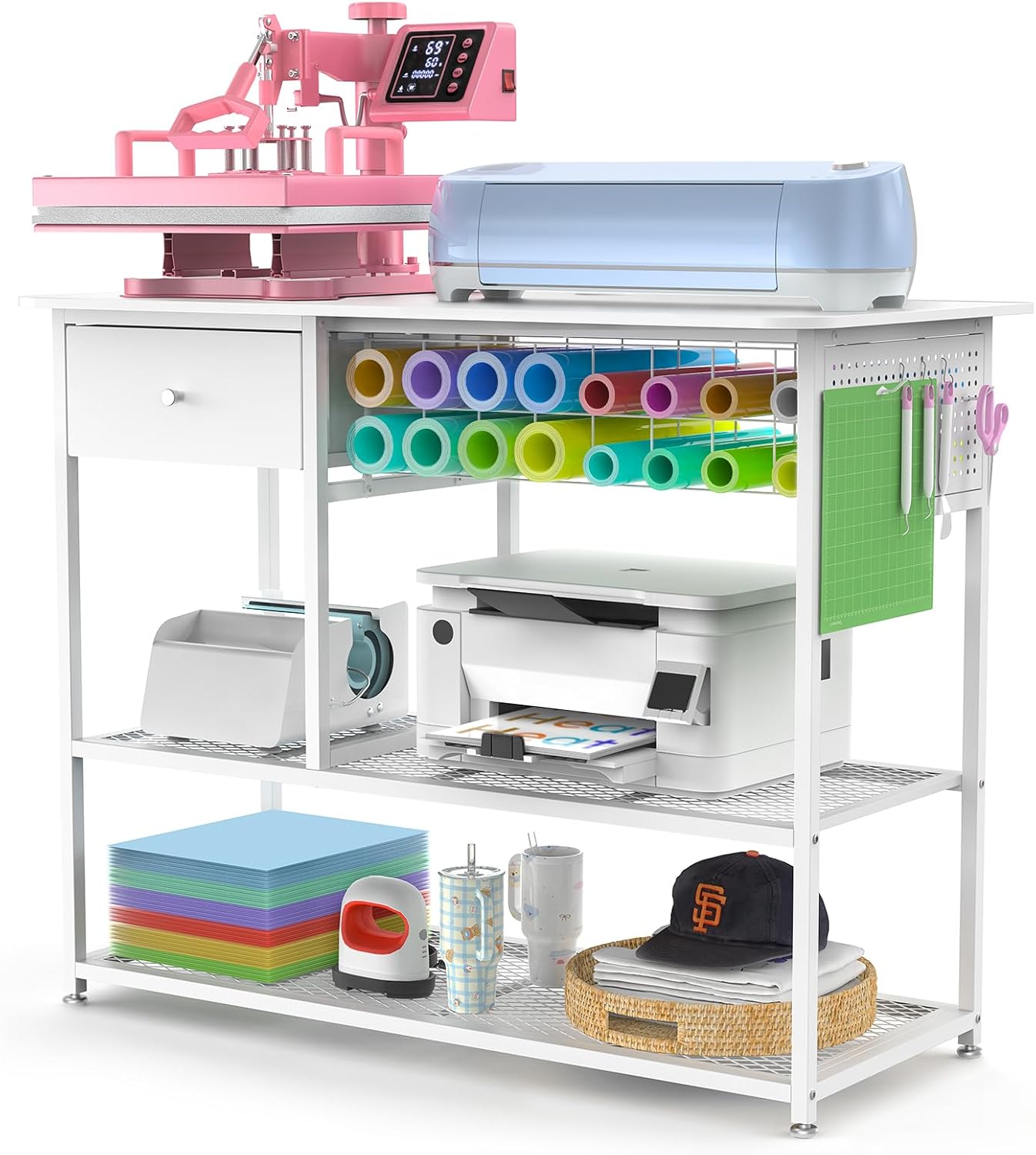 Crafit Extra Large Heat Press Table, Heat Press Stand Desk Cart with Vinyl Storage, Multi-Purpose Heavy Duty Metal Workbench for DIY Sublimation, T-Shirts Caps Mug & Tumbler Heat Transfer Projects
