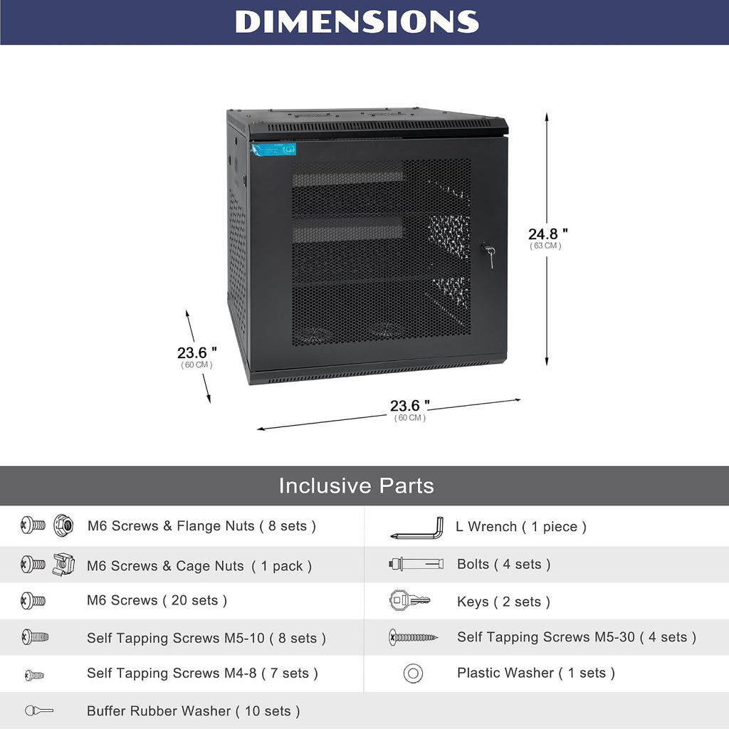 12U Wall Mount Server Cabinet with A Lockable Front Vented Door, Cooling Fans, Removable Side Panels - 60cm Depth, 19' Network Rack Including 2 PCS Full-Size Rack Shelves for IT Equipment