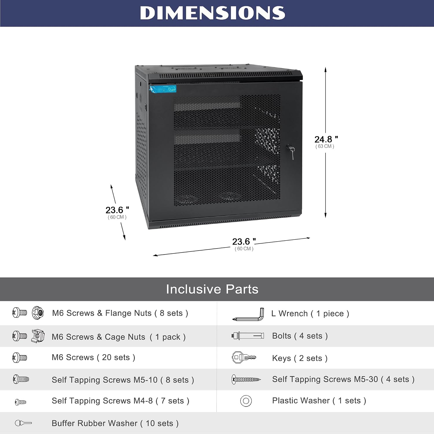 12U Wall Mount Server Cabinet with A Lockable Front Vented Door, Cooling Fans, Removable Side Panels - 60cm Depth, 19' Network Rack Including 2 PCS Full-Size Rack Shelves for IT Equipment