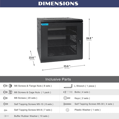 12U Wall Mount Server Cabinet with A Lockable Front Vented Door, Cooling Fans, Removable Side Panels - 60cm Depth, 19' Network Rack Including 2 PCS Full-Size Rack Shelves for IT Equipment