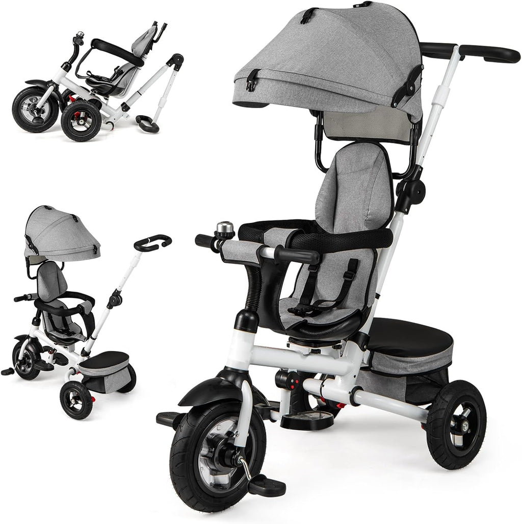 HONEY JOY Tricycle, 5-in-1 Folding Baby Trike Stroller w/Adjustable Handle & Canopy, Reversible Seat, Safety Belt, Folding Pedal, Bell, Storage, Push Tricycle for Toddlers 1-5 Years Old (Gray)