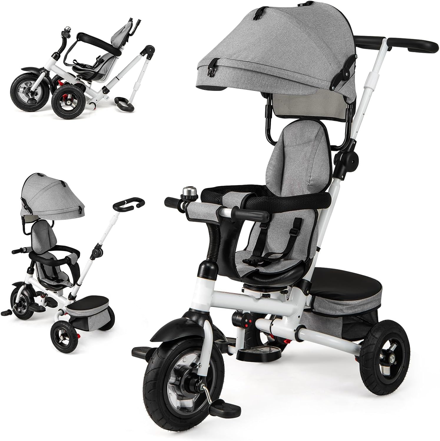 HONEY JOY Tricycle, 5-in-1 Folding Baby Trike Stroller w/Adjustable Handle & Canopy, Reversible Seat, Safety Belt, Folding Pedal, Bell, Storage, Push Tricycle for Toddlers 1-5 Years Old (Gray)