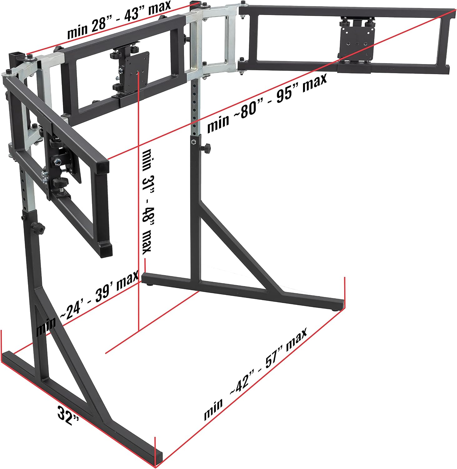 Triple Monitor Floor Stand GEN2 for Racing and Flight Simulators Model LD | for Monitors up to 100x100mm VESA Mount or 24, 27, 32, 34-39 (Triple Stand for Monitors, LD)