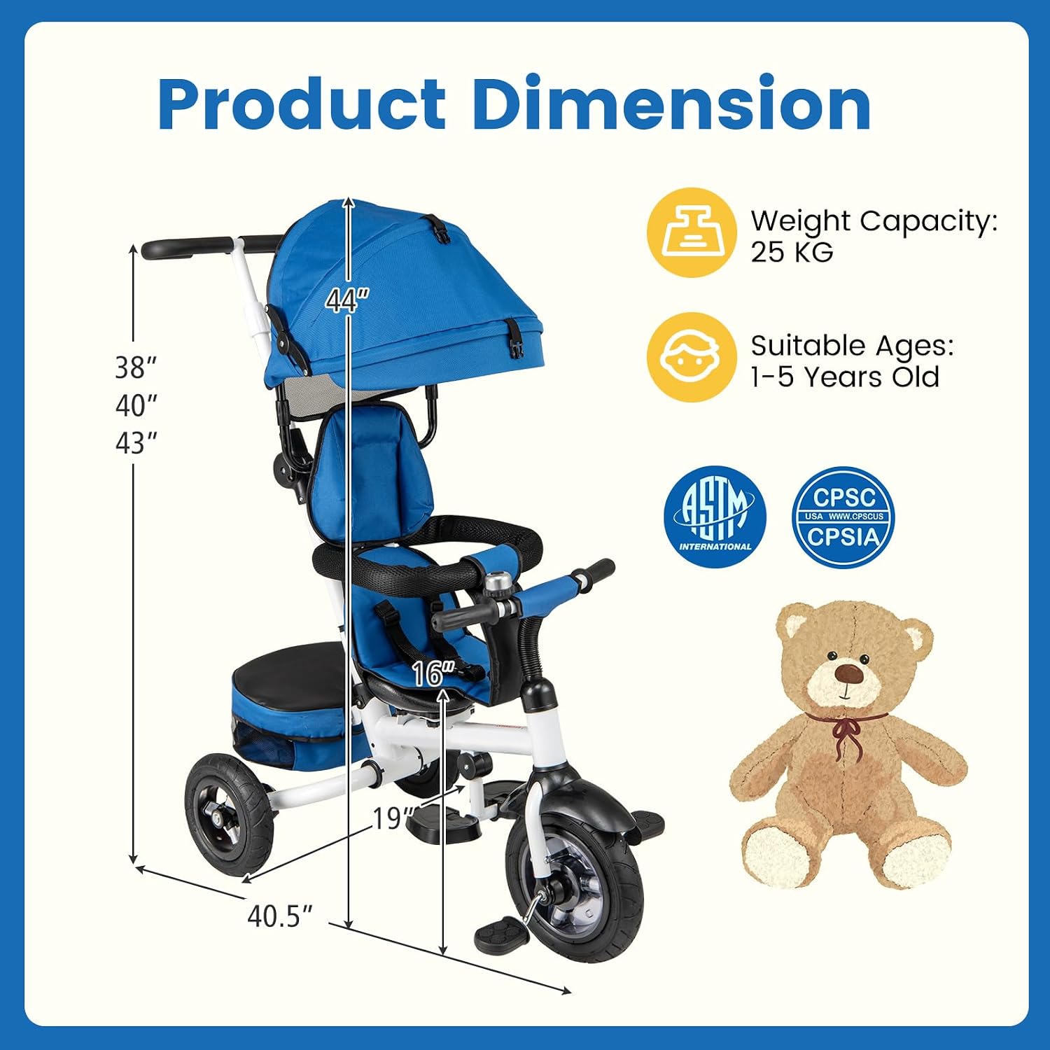 HONEY JOY Tricycle, 5-in-1 Folding Baby Trike Stroller w/Adjustable Handle & Canopy, Reversible Seat, Safety Belt, Folding Pedal, Bell, Storage, Push Tricycle for Toddlers 1-5 Years Old (Blue)