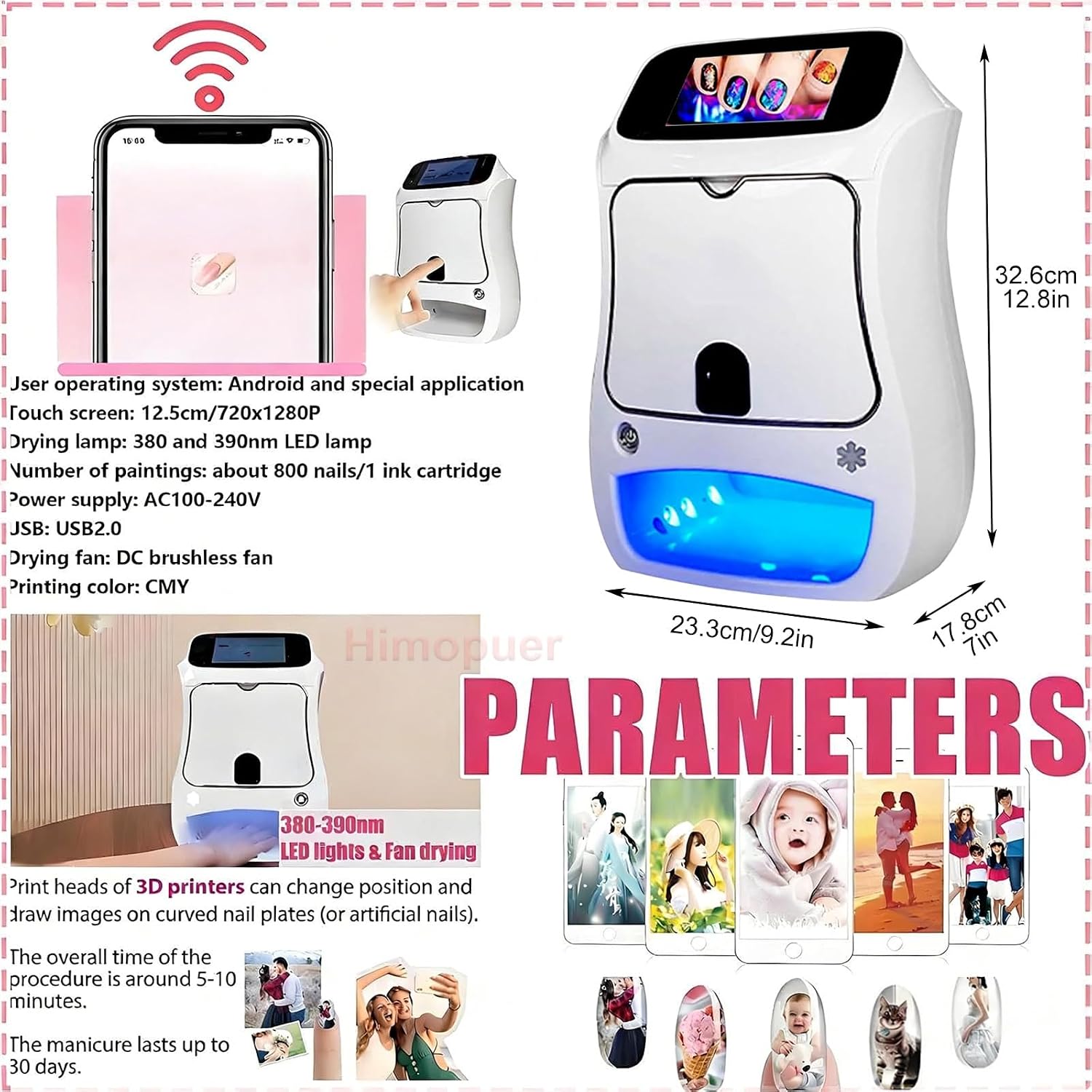Automatic Smart 3D Art Nail Printer, Digital Mobile Nail Art Printer - Mini Portable Nail Painting Machine Control Through Frees Mobile App, for Beauty & Personal Care for Girls' Home Nails