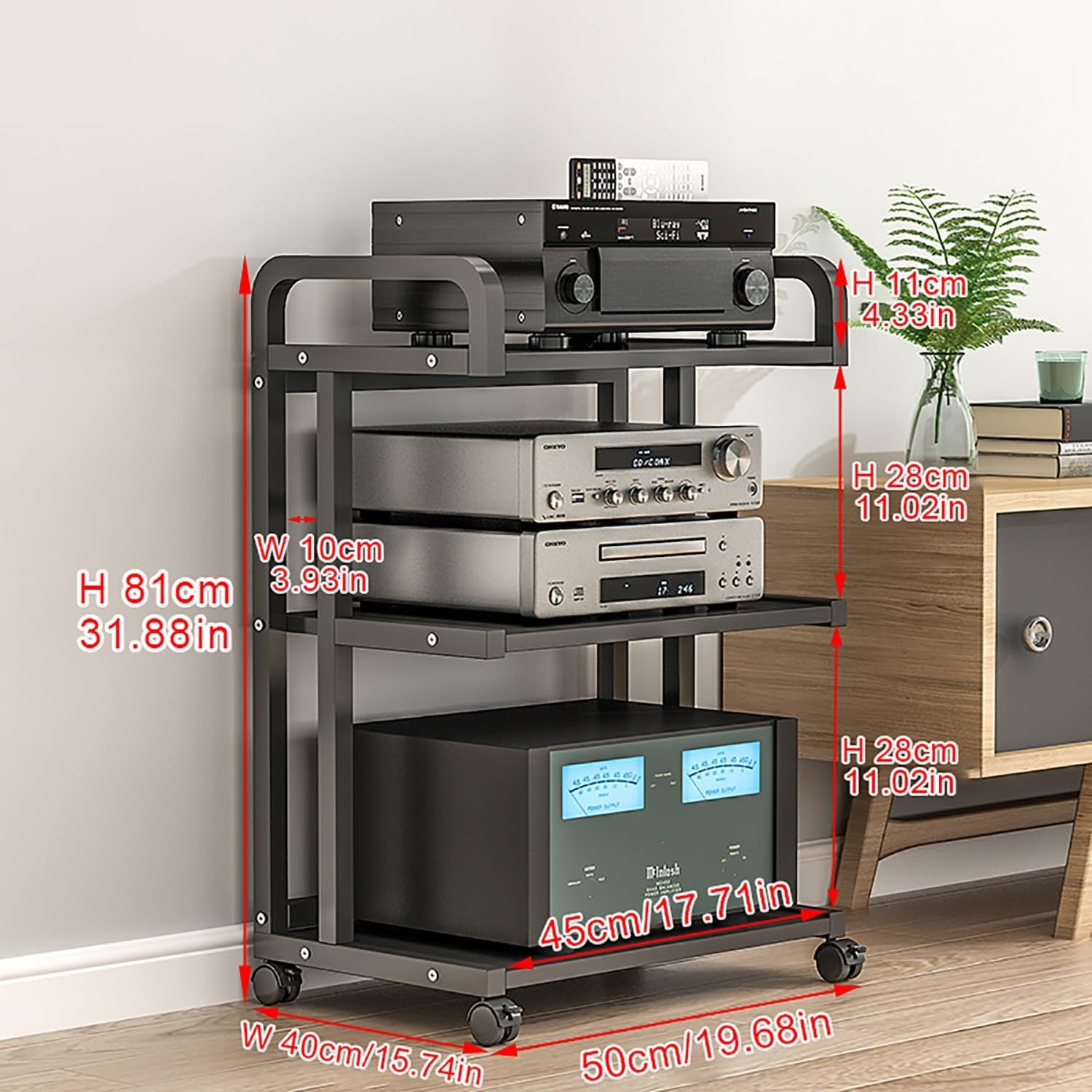 Movable Corner Storage Shelf with Wheels - 3/4/5 Tier Audio Rack for Amplifiers & Media - Floor-Standing Shelving Unit for Living Room, Gaming & Recording (Walnut, 50x40x81cm)