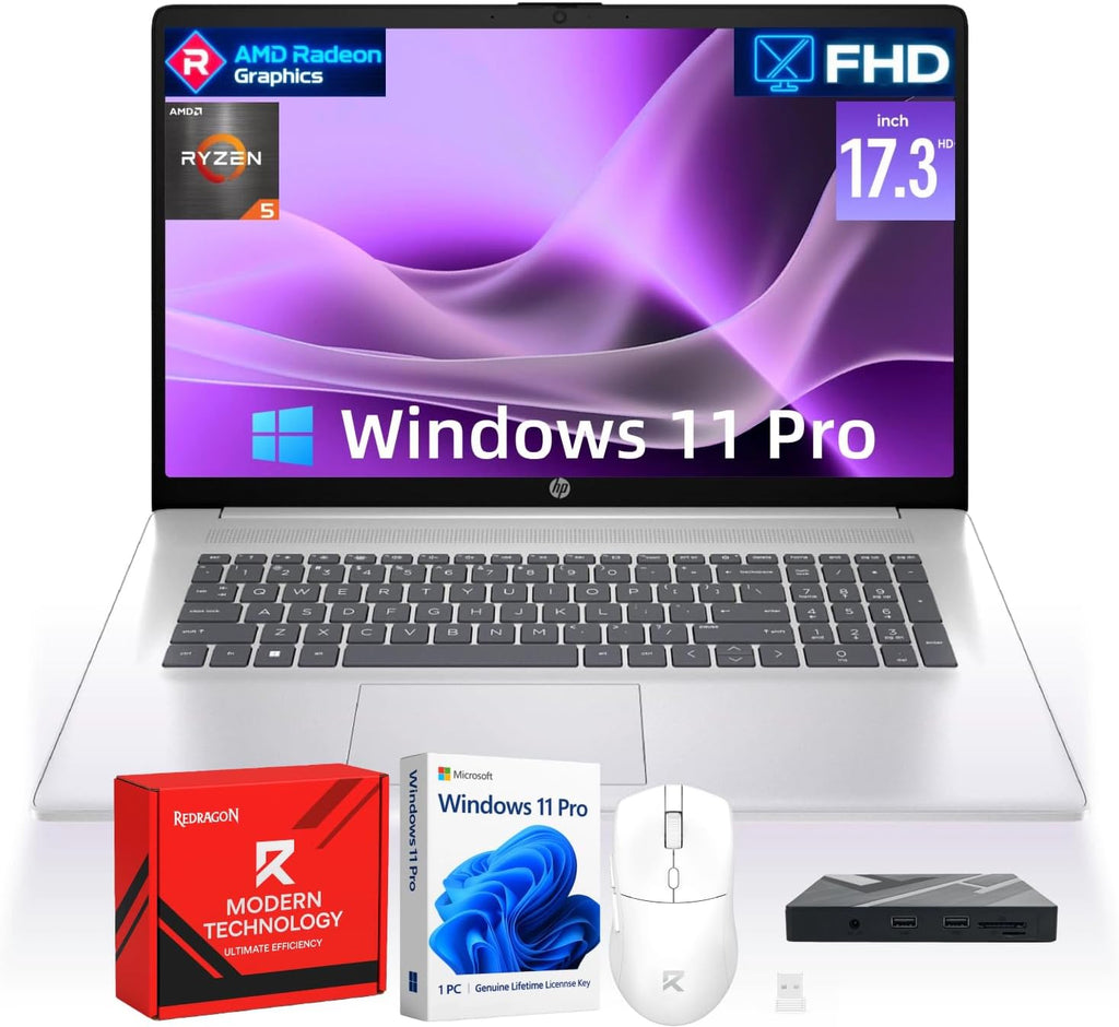 HP Flagship 17 Business Laptop Computer - Windows 11 Pro, 17.3' Full HD Anti-Glare IPS Display, AMD Ryzen 5 7430U, 16GB RAM + 512GB SSD, Webcam, Wi-Fi 6, USB A/C, HDMI, with Redragon Accessories