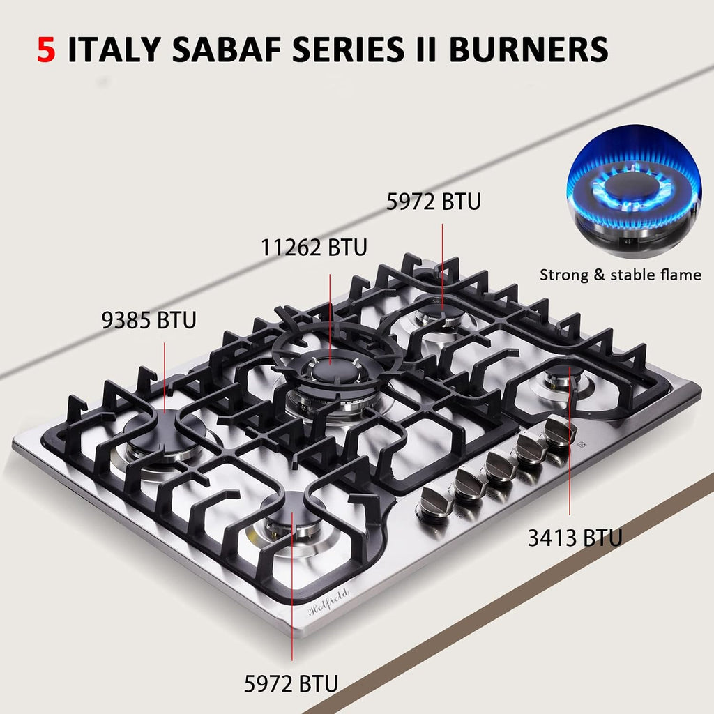 30 Inch Gas Cooktop Stainless Steel 5 Burners Stovetop Dual Fuel Gas Hob NG/LPG Convertible Gas Cooktop HF57042 Stainless Steel