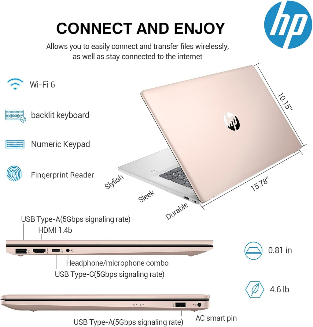 HP 17 Inch Touchscreen Laptop Computer, 17.3 HD+ Touch Screen Business Laptop PC, Intel Core i7, 64GB RAM 2TB SSD, Windows 11 Pro, Backlit 10 Key Number Pad, Fingerprint, Rose Gold