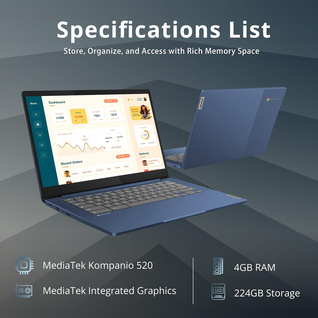 Lenovo IP Slim 3 14' FHD Chromebook, MediaTek Kompanio 520, 4GB RAM, 224GB Storage (64GB eMMC+160GB Docking Station Set), HD Webcam, Wi-Fi 6, Long-Battery Life, Chrome OS, Abyss Blue