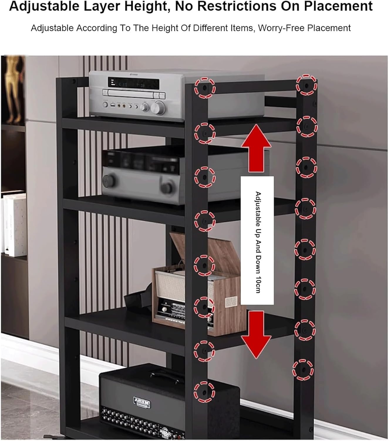 Audio Rack 6 Tier Stereo Rack Adjustable Audio Equipment Rack Audio Open HiFi Rack Wooden Movable Audio-Video Shelving with Wheels(Nero)