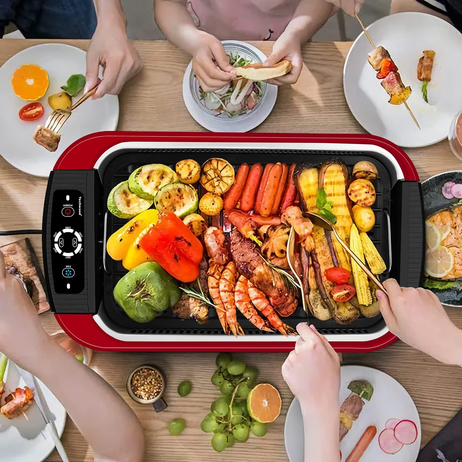 Indoor Smokeless Grill, Techwood 1500W Electric Indoor Grill with Tempered Glass Lid, Portable Non-stick Korean BBQ, Turbo Smoke Extractor Technology, Drip Tray& Double Removable Plate, Red