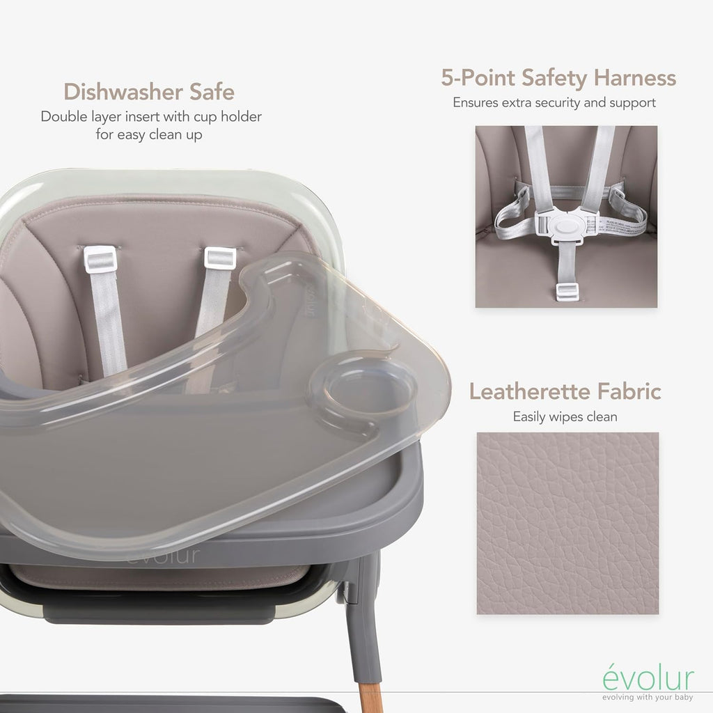 Evolur Tiny Throne 3-in-1 Convertible High Chair, Removable & Dishwasher Safe Tray, Converts to Booster Seat & Adult Stool, Easy-to-Clean Feeding Solution – Fossil Gray