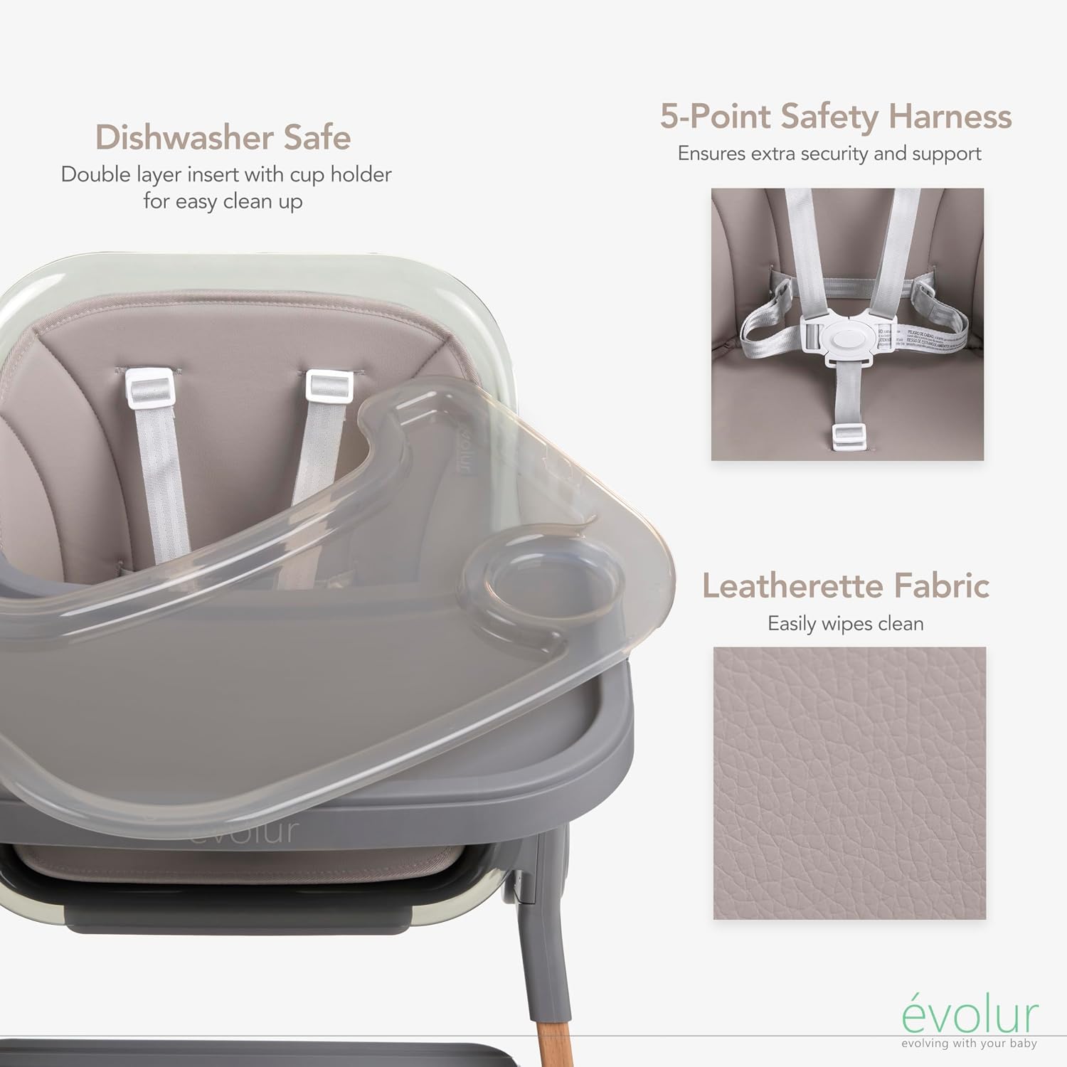 Evolur Tiny Throne 3-in-1 Convertible High Chair, Removable & Dishwasher Safe Tray, Converts to Booster Seat & Adult Stool, Easy-to-Clean Feeding Solution – Fossil Gray