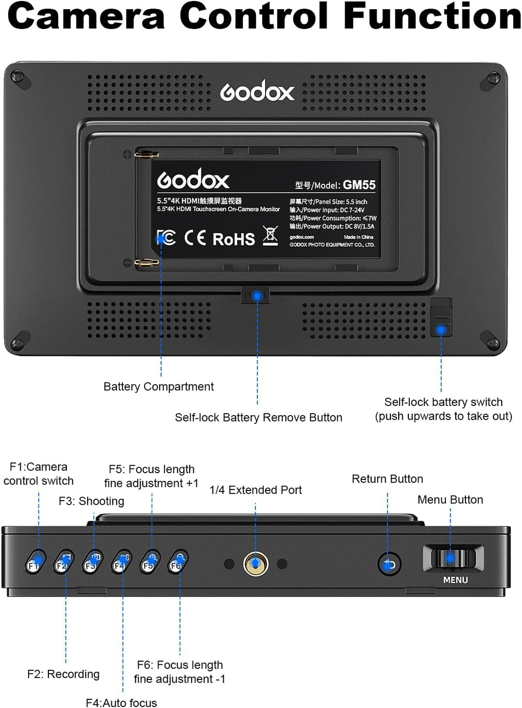 GODOX GM55 Touch Screen DSLR Camera Field Monitor 5.5 Inch 4K 410nit 4K HDMI in and Out Exposure Focus 3D LUT 160°Wide View Angle DC/Battery 8V/1.5A Powered 1920x1080 External Monitor