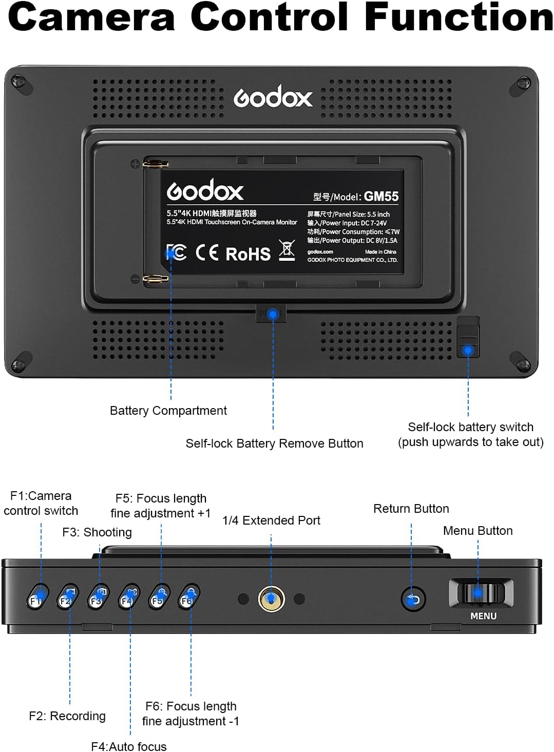 GODOX GM55 Touch Screen DSLR Camera Field Monitor 5.5 Inch 4K 410nit 4K HDMI in and Out Exposure Focus 3D LUT 160°Wide View Angle DC/Battery 8V/1.5A Powered 1920x1080 External Monitor