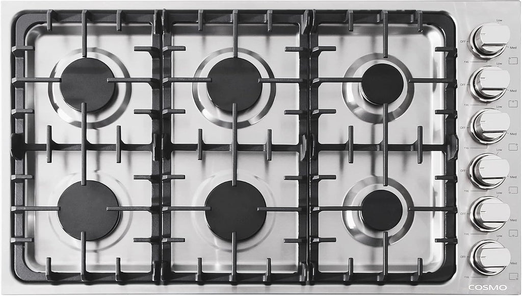 COSMO COS-DIC366 Drop-In Gas Cooktop with 6 Italian Made Sealed Burners, Cast Iron Grates, Metal Knobs, Liquid Propane Convertible, 36 inch, Stainless Steel