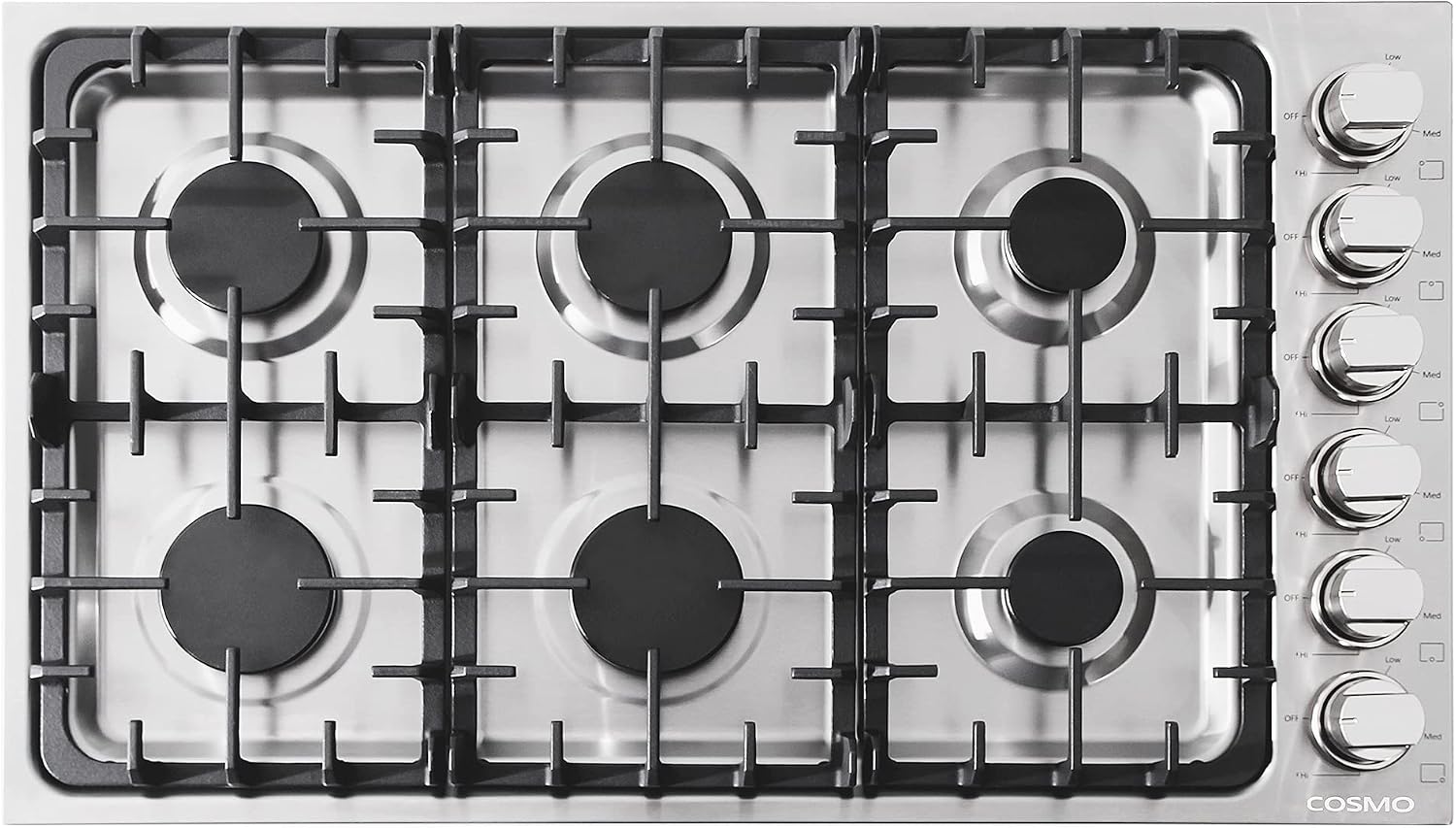 COSMO COS-DIC366 Drop-In Gas Cooktop with 6 Italian Made Sealed Burners, Cast Iron Grates, Metal Knobs, Liquid Propane Convertible, 36 inch, Stainless Steel