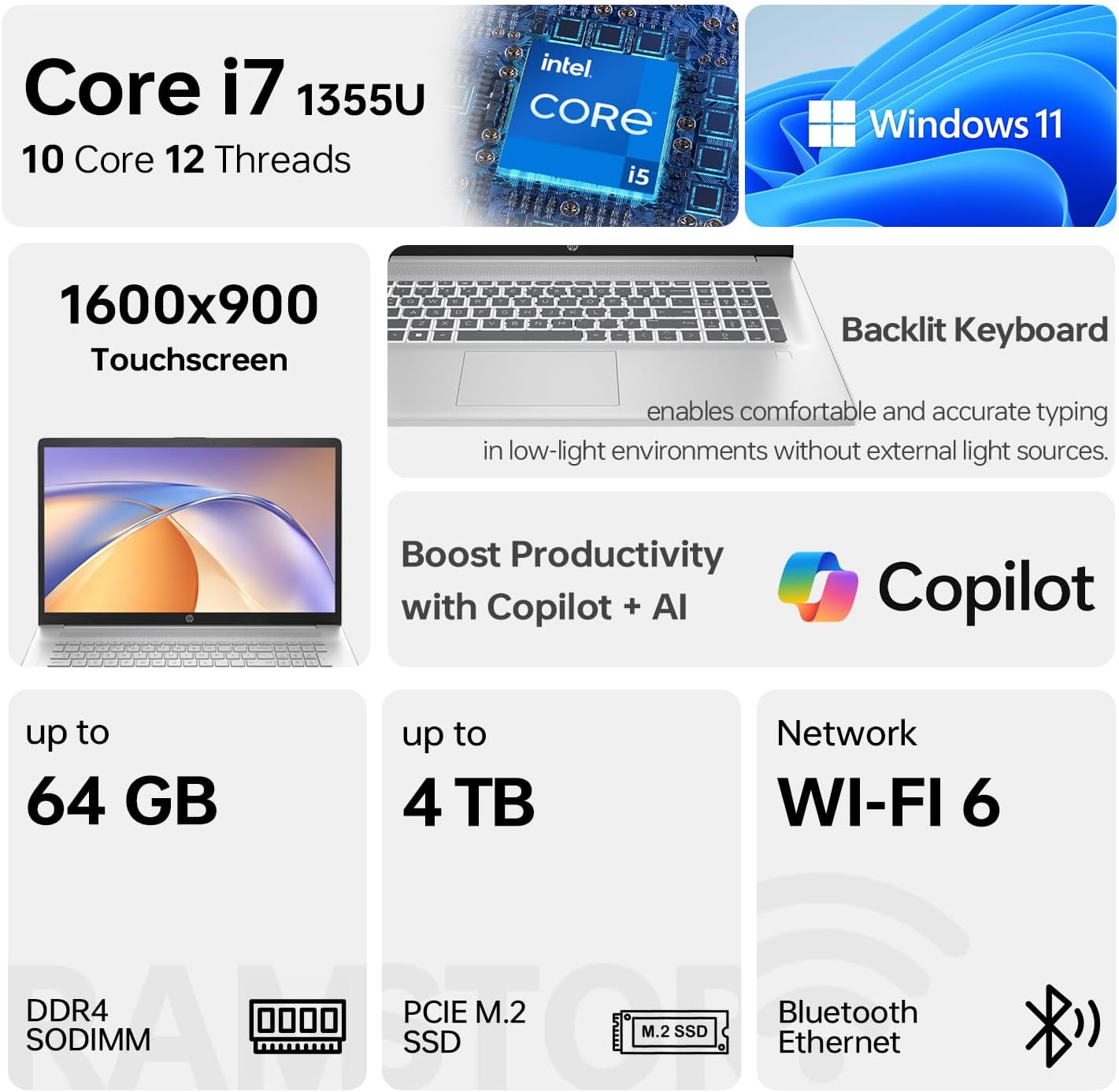 HP 17 Laptop, 17.3' HD+ Touchscreen, Intel Core i7-1255U Processor, 32GB RAM, 2TB SSD, Webcam, HDMI, Backlit Keyboard, Wi-Fi, Windows 11 Home, Silver
