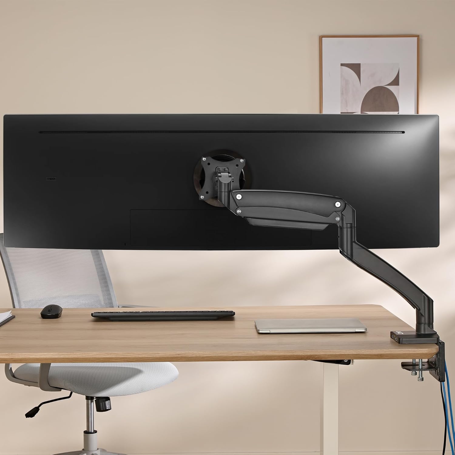AVLT Single 17'-49' Super Ultrawide Monitor Arm Desk Mount for Screens up to 50 lbs, Premium Aluminum Stand, Adjustable Pneumatic Height, Full Motion Swivel Tilt Rotation, USB 3.0 & AUX Ports, Black