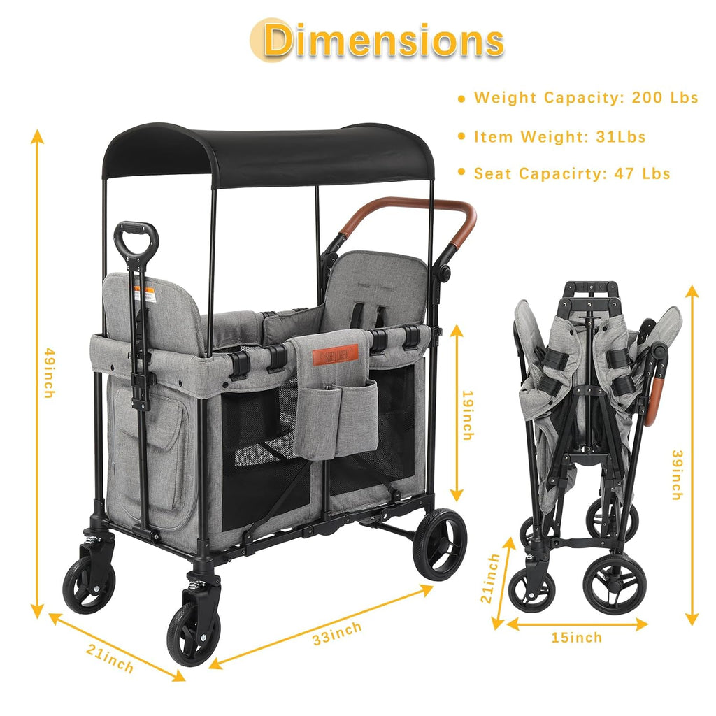 Wagon Stroller for 2 Kids, Foldable All-Terrain Wagon for Kids with Canopy, Adjustable Push and Pull Handles,Convertible High Seat & Organizer, 5 Point Harness (Light Gray)
