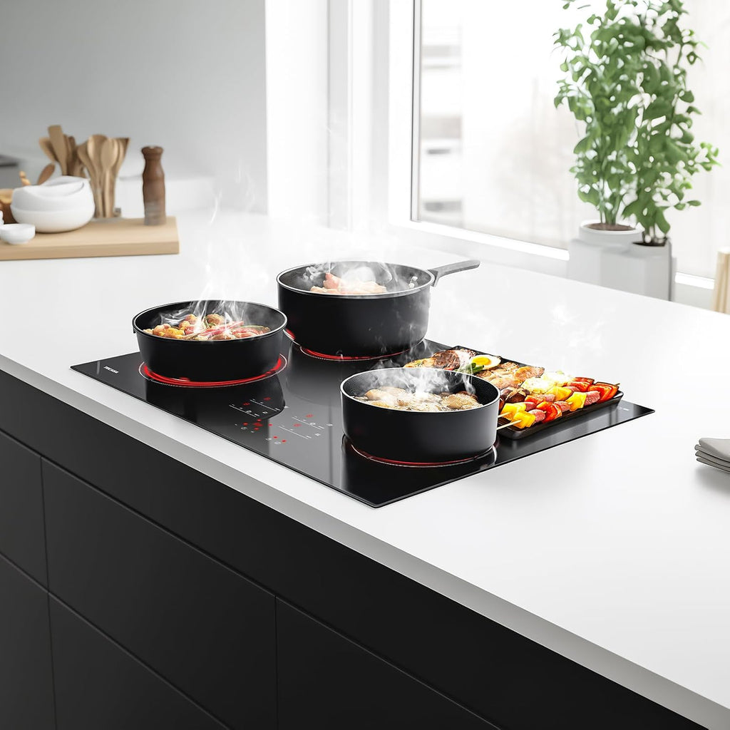 30 Inch Electric Cooktop, TECASA 7300W Radiant Electric Hob with 4 Burners, 240V Built-in Sensor Touch Control Stove Top with Child Safety Lock & Timer, 9 Heating Levels, Hard Wire (No Plug)