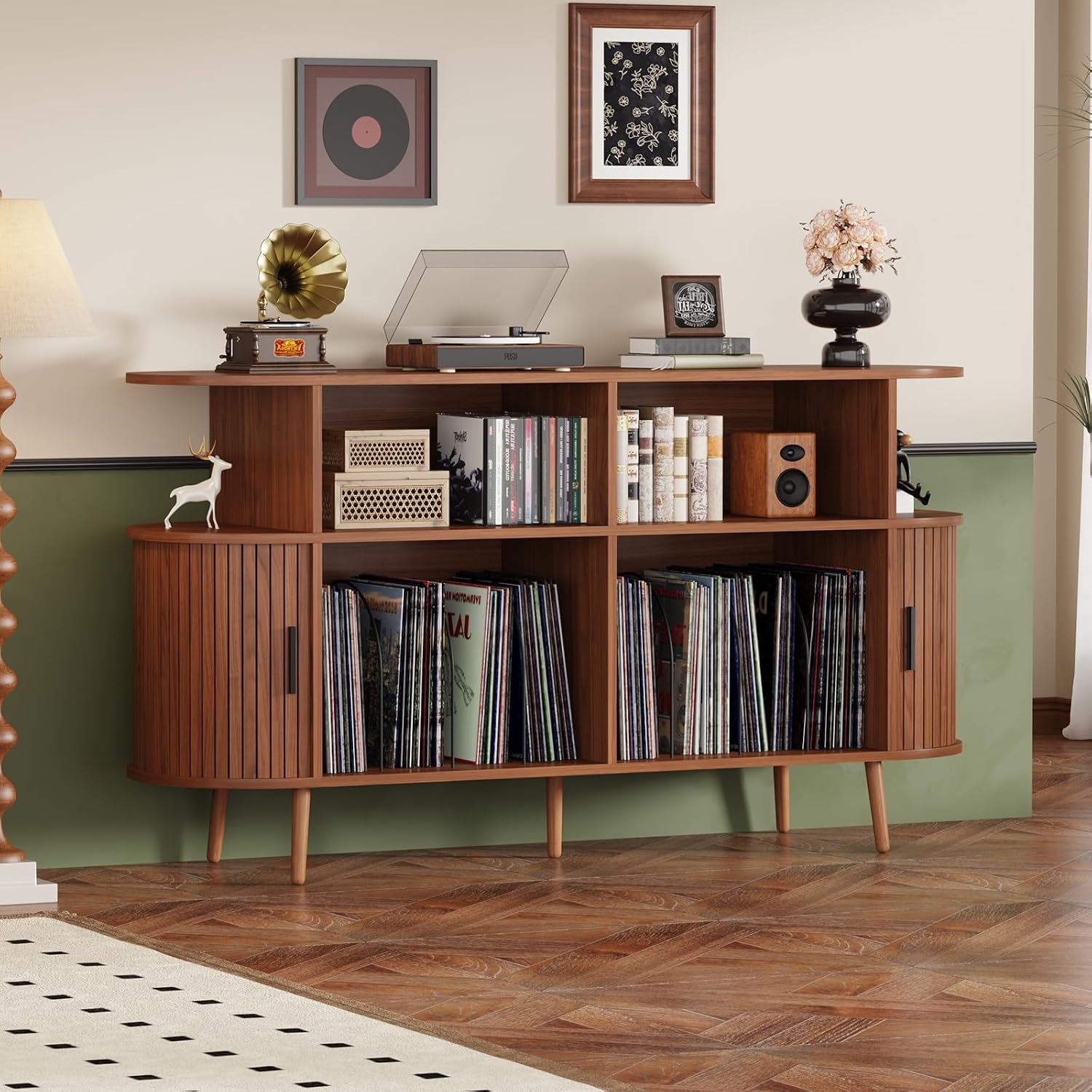 55.1' Wide Record Player Stand with Storage - Vinyl Record Storage Cabinet & Media Console Holds 300+ Records, Mid Century Modern Turntable Stand for Living Room (Walnut, 55.1')