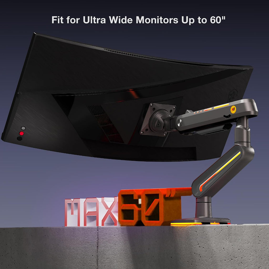 NB Designer Gaming Monitor Arm for 32 to 60 Inches Screen, Load up to 20 kg, VESA 75/100, RGB-Light, Heavy Duty, Multi Angle Adjustable, Premium Aluminum, Long Arm Extension Grey Black