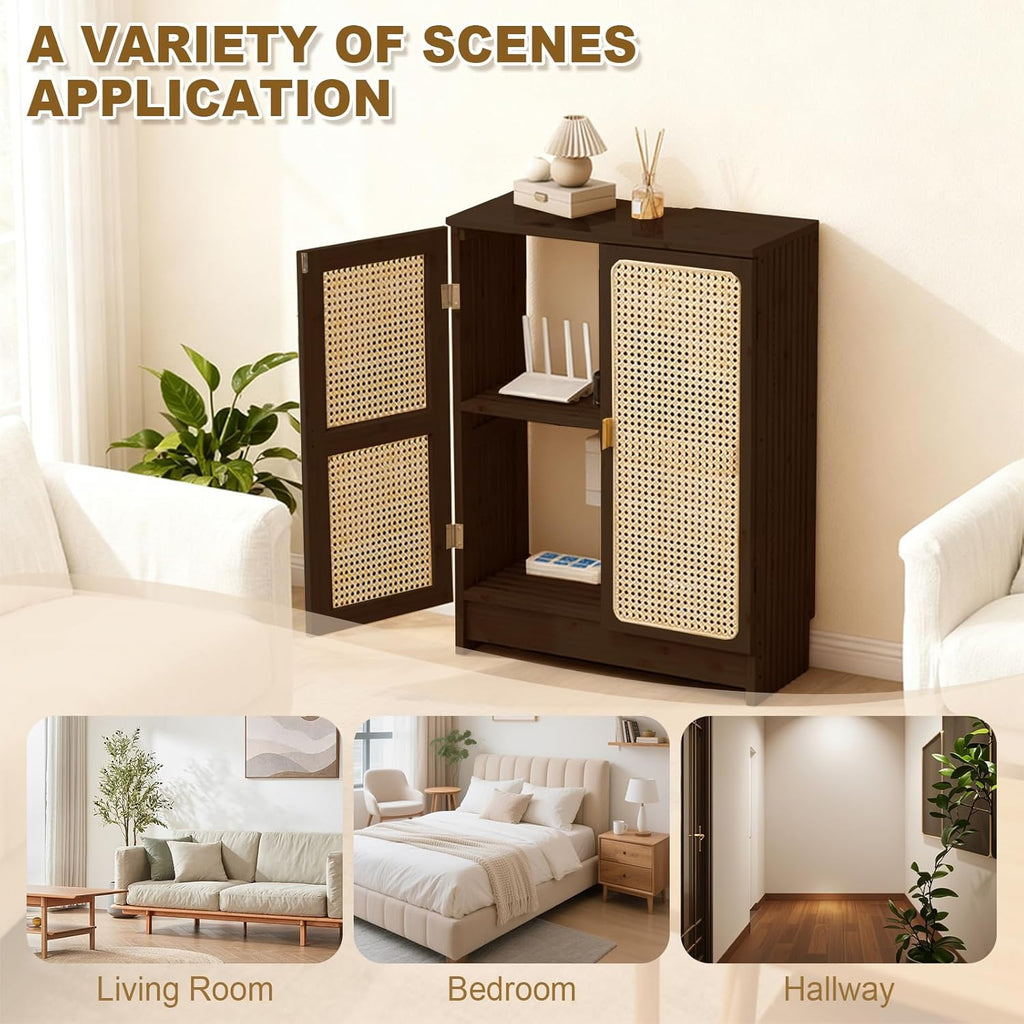 Jueraori WiFi Router Storage Cabinet, Bamboo Router Cabinet with Adjustable Shelves, Multimedia Audio Rack with Doors, 2 Layer Standing Cabinets for Home and Office