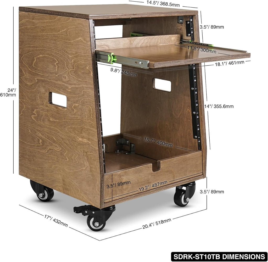 Sound Town DIY Slanted 10U Studio Rack (2U Top + 8U Lower), with 2U Bottom Storage, Slide-Out Tray, Caster, Plywood, Weathered Brown for Recording Room, Home Studio (SDRK-ST10TB)