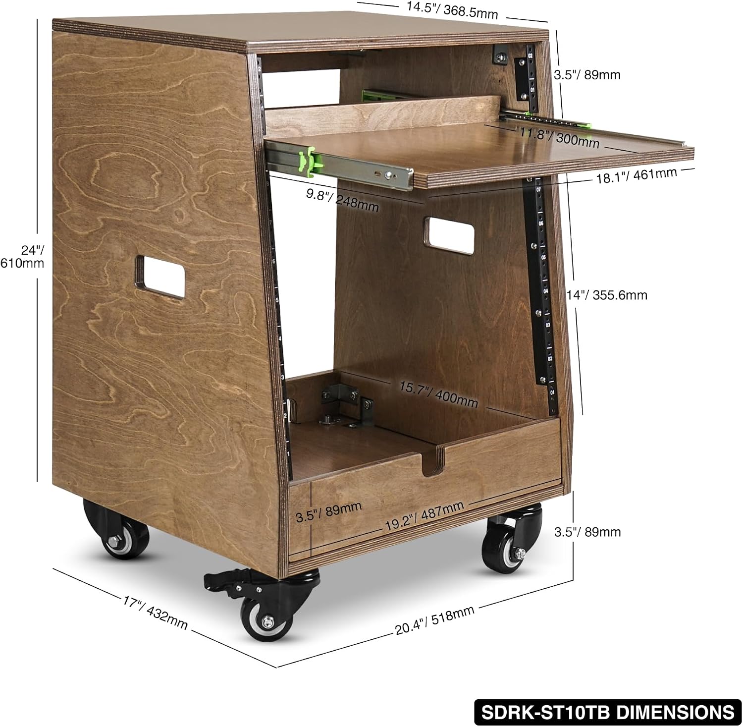 Sound Town DIY Slanted 10U Studio Rack (2U Top + 8U Lower), with 2U Bottom Storage, Slide-Out Tray, Caster, Plywood, Weathered Brown for Recording Room, Home Studio (SDRK-ST10TB)