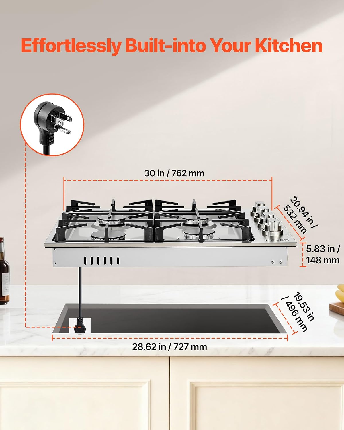 VEVOR Gas Cooktop, 30 inch 4 Burners Gas Stove Top, Max 48000BTU Built-in Stainless Steel Stove Top LPG/NG Convertible Dual Fuel Cooktop Stoves with Sealed Burner for Sear, Stew, Boil, Stir-Fry