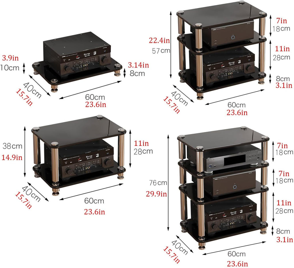 Modern AV Media Rack, 3-Tier Stereo Cabinet with Shock-Absorbing Nails, Tempered Glass Shelves, Stainless Steel Legs, Black Media Storage Stand (60x40x57cm)