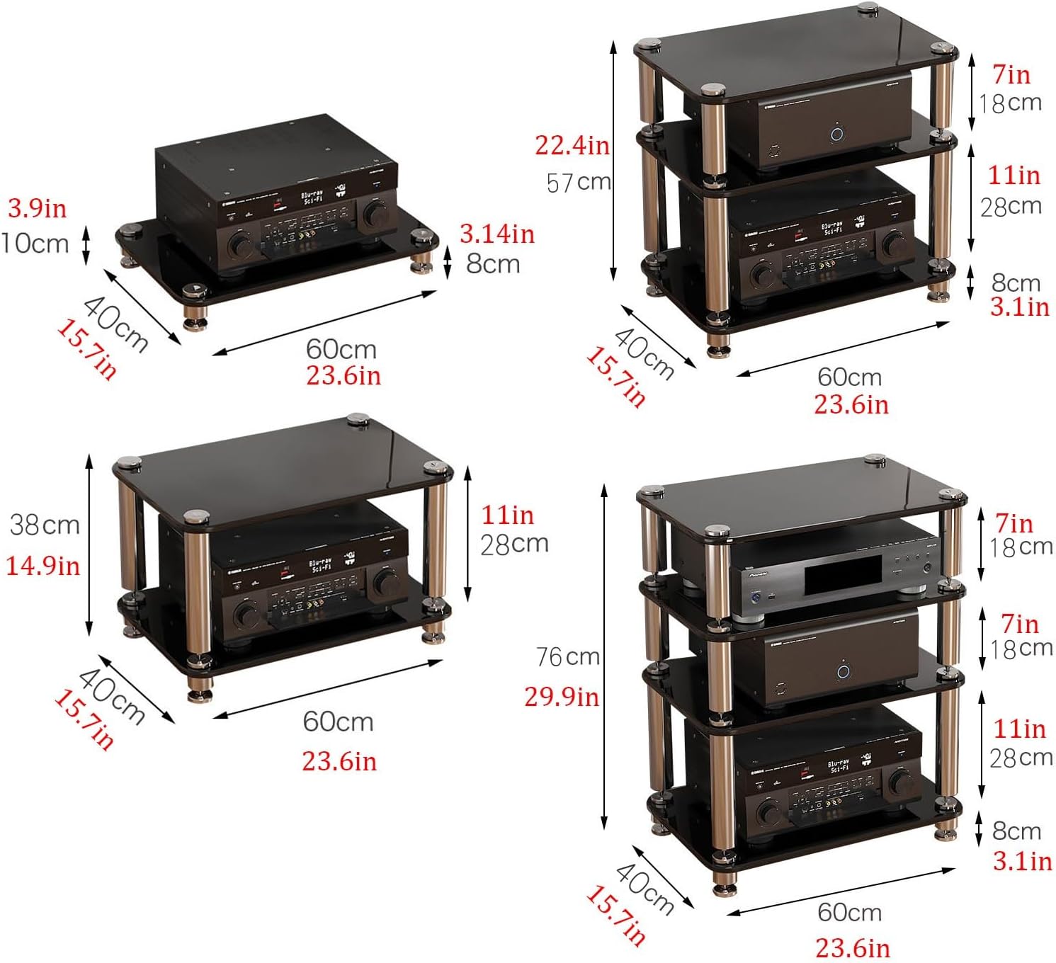 Modern AV Media Rack, 4-Tier Audio Stand with Tempered Glass, Shock-Absorbing Nails, Stainless Steel Legs, Stylish Stereo Cabinet for Home Entertainment (White, 60x40x76cm)