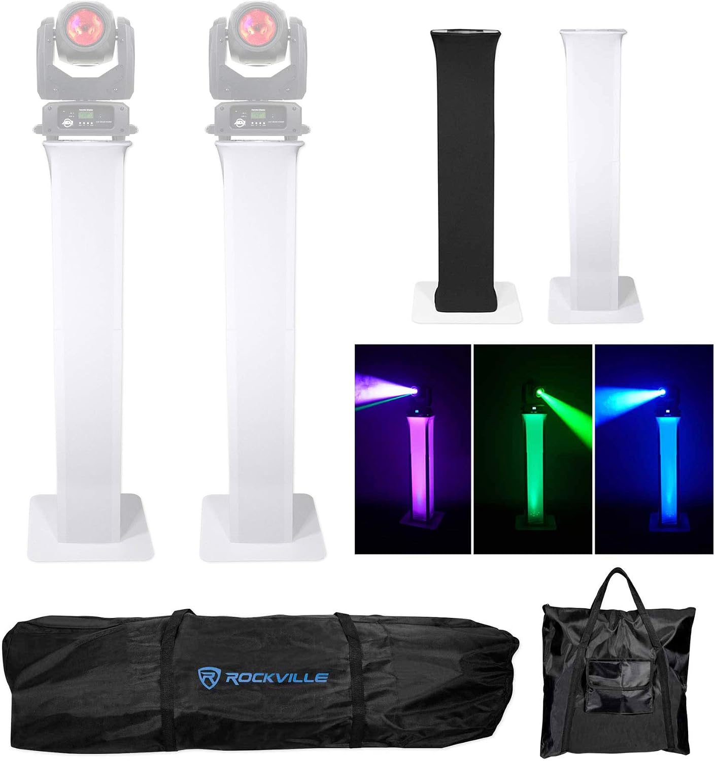 (2) Rockville RTP32W Totem Moving Head Light Stand+Black+White Scrims+Carry Bags for American DJ Vizi Beam RXONE Lights