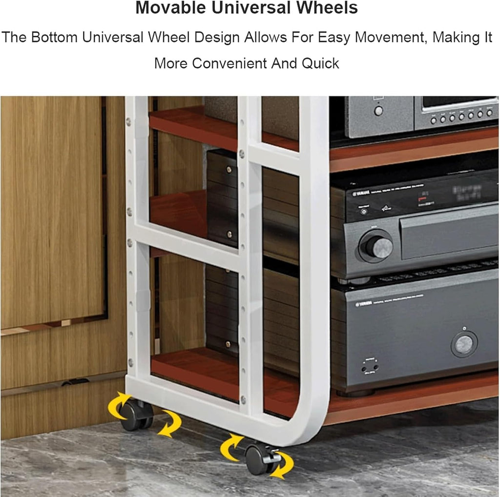 Audio Rack Steel Stereo Rack Audio Equipment Rack Audio Stereo Shelf Wooden Open Adjustable Audio-Video Shelving with Wheels Durable(Wei�,4 Tier)