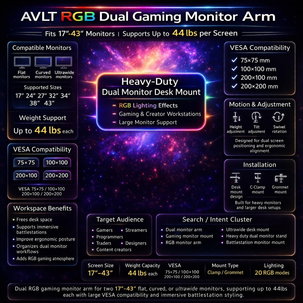 AVLT RGB Lights Dual 17'-43' Gaming Monitor Arm Desk Mount, Fits Two Flat/Curved/Ultrawide Screen up to 44lbs(20kg), Height Swivel Tilt Adjustable Stand – White