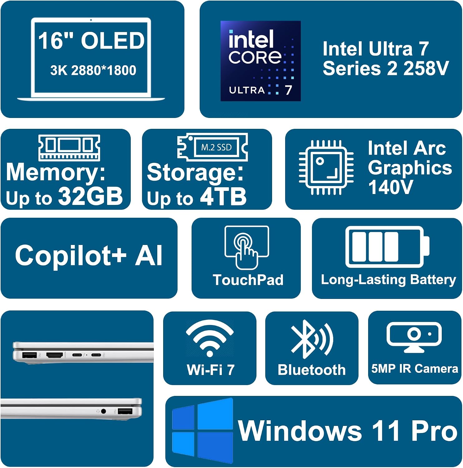 HP OmniBook 7 Flip 16 2-in-1 Professional Business Laptop 16' 3k OLED Touch Intel 8-core Ultra 7 Series 2 258V (Up to 47 Tops) 32GB RAM 4TB SSD 5MP IR Camera Wi-Fi7 Pen Win11Pro ICP Hub