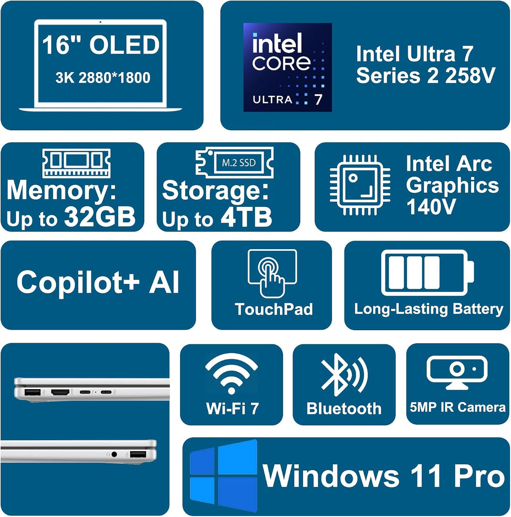 HP OmniBook 7 Flip 16 2-in-1 Professional Business Laptop 16' 3k OLED Touch Intel 8-core Ultra 7 Series 2 258V (Up to 47 Tops) 32GB RAM 1TB SSD 5MP IR Camera Wi-Fi7 Pen Win11Pro ICP Hub