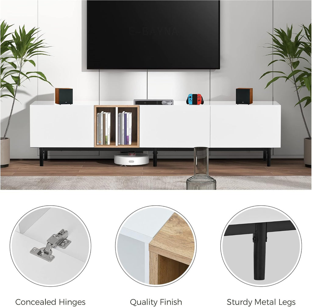 LUMISOL Modern TV Console Table for 80' TV, TV Stand with 3 Cabinets and Open Shelves, Wood Entertainment Center TV Media Table with Ample Storage for Living Room, Bedroom, White