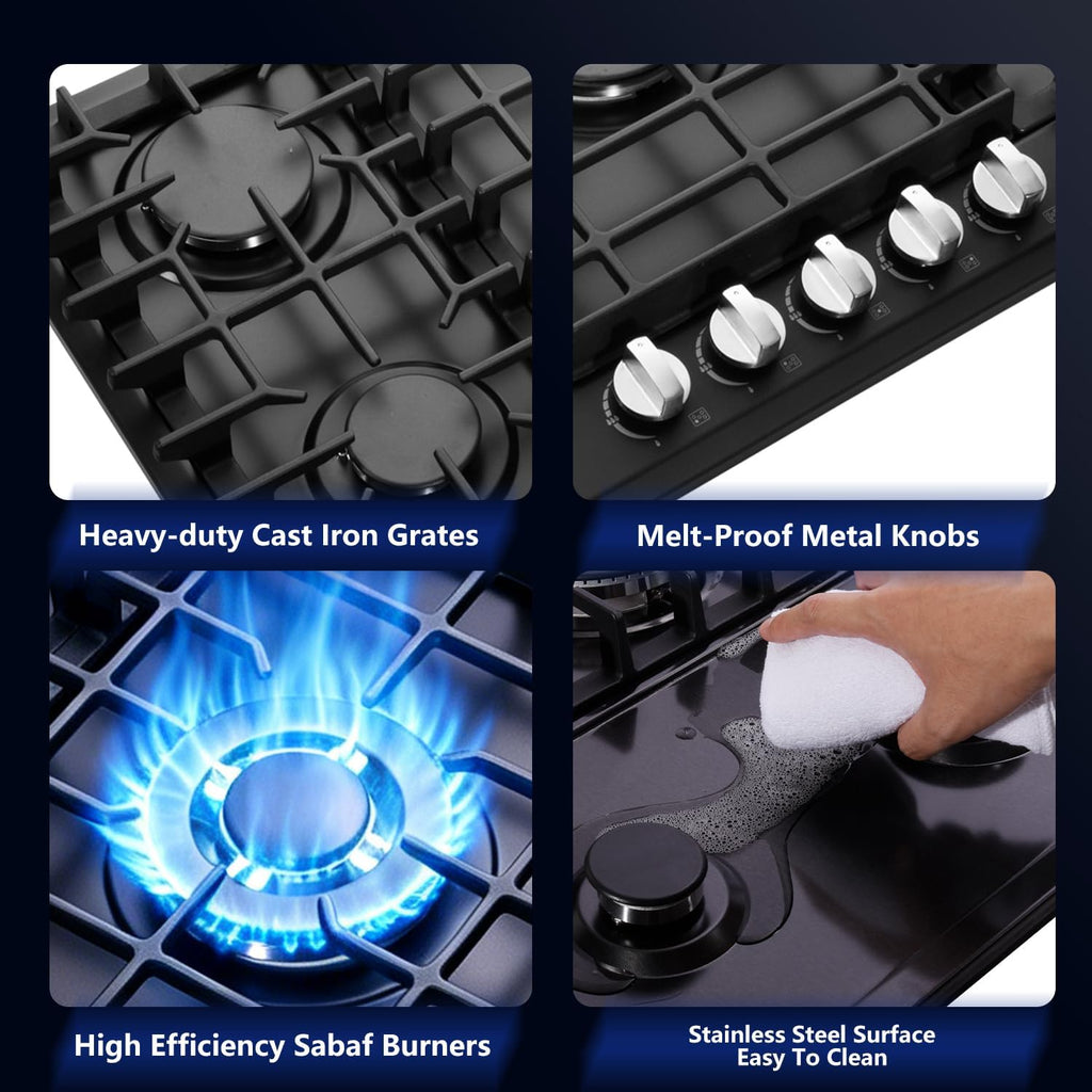30 Inch Gas Cooktop, Built-in 5 Burners Stainless Steel Gas Stovetop Propane/Natural Gas Convertible Stove Top Dual Fuel Gas Hob (Black)