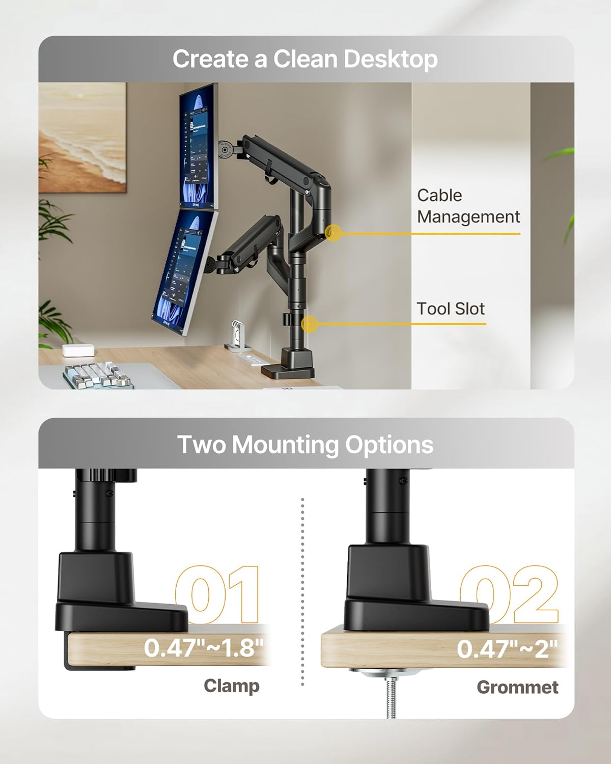 monTEK Dual Monitor Arm for up to 57' and 59.4 lbs Ultrawide Screen, Aluminum Heavy-Duty Gas Spring Vertical Stackable Curved Screen Adjustable Monitor Stand, 75/100mm Vesa Mount, Black