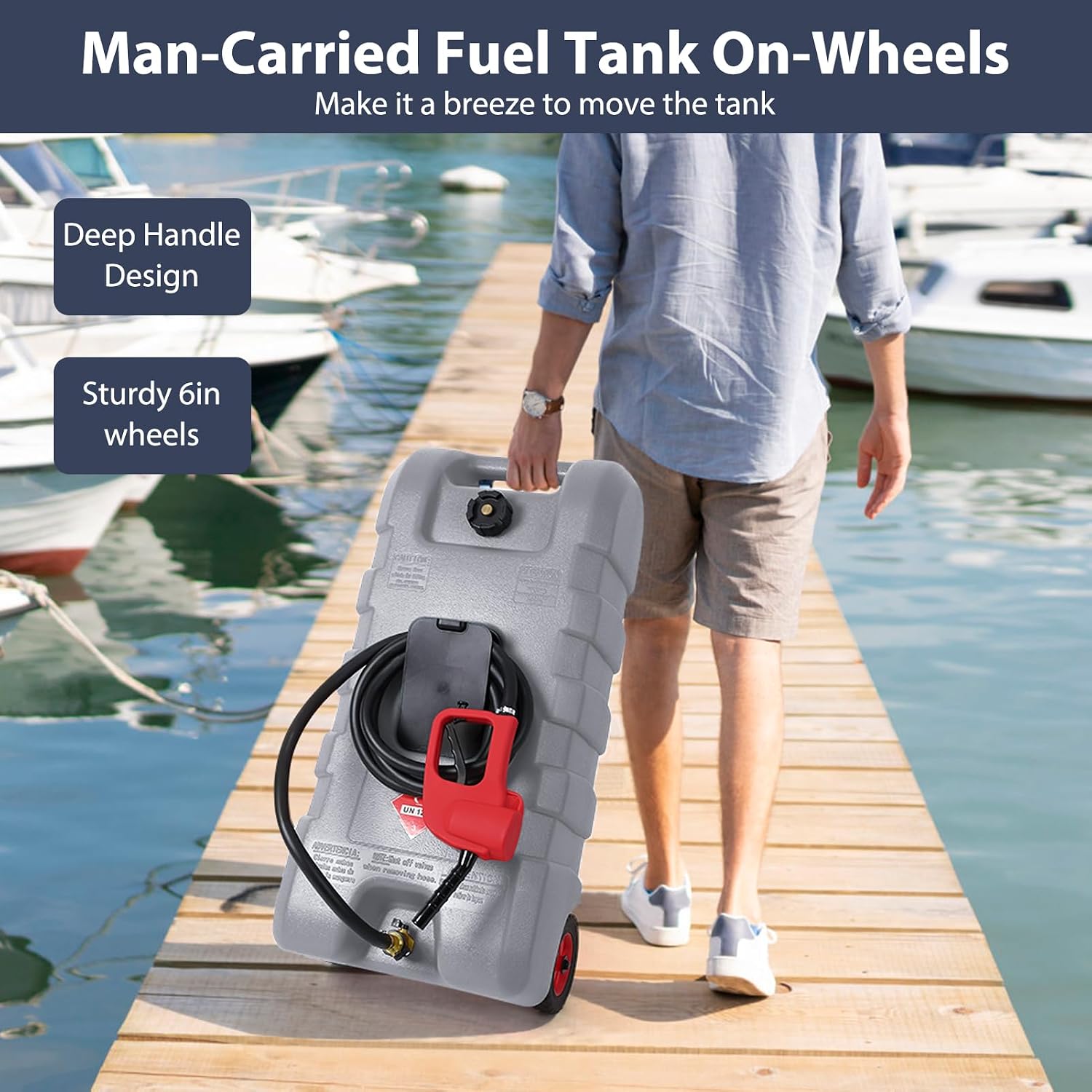 GAOMON Fuel Caddy, 15 Gallon Portable Gasoline Tank Container With Le Fluid Delivery Siphon Pump and 10ft Delivery Hose, Diesel Storage Tank On Wheels for Cars, Lawnmowers, Atvs, and Boats, Gray