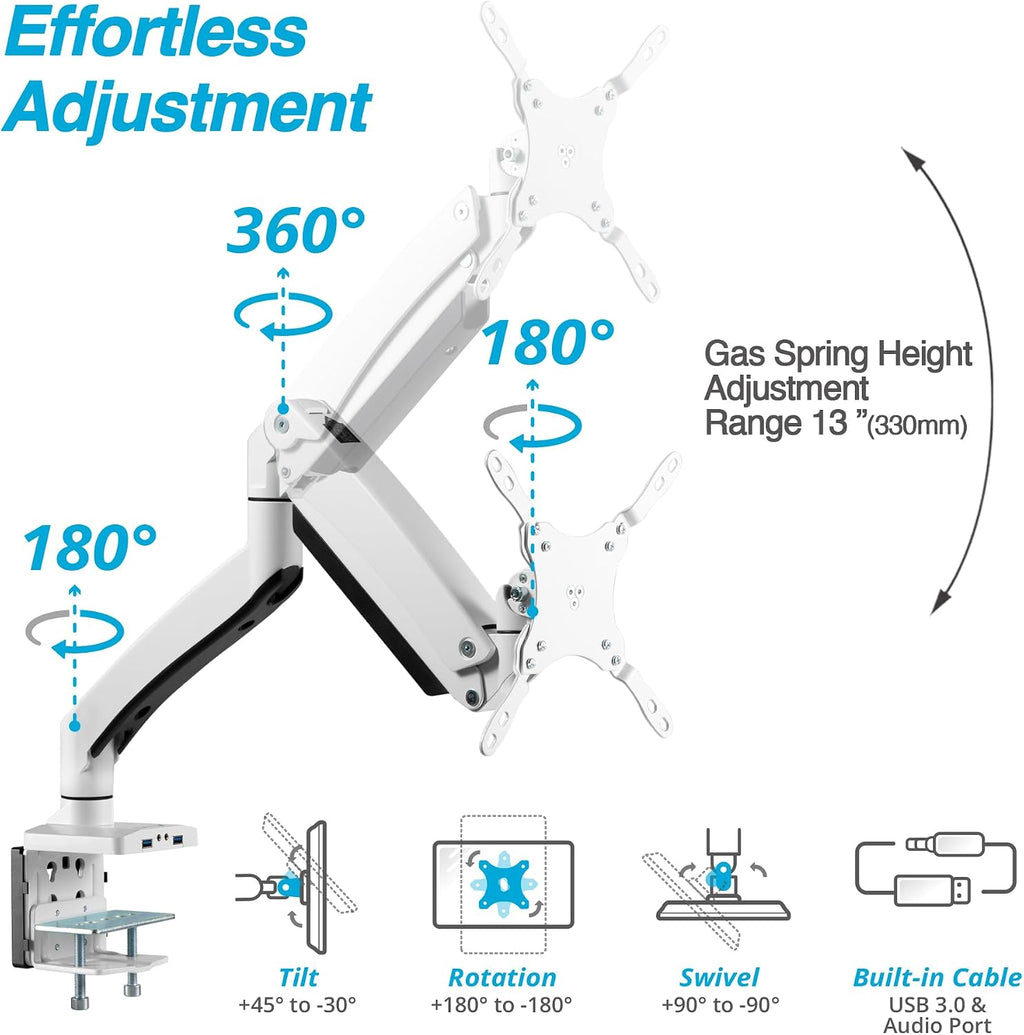 AVLT Single 17'-49' Super Ultrawide Monitor Arm for Screens Up to 50 lbs, Premium Aluminum Desk Stand, Adjustable Pneumatic Height, Full Motion Swivel Tilt Rotation, USB 3.0 & AUX Ports, White