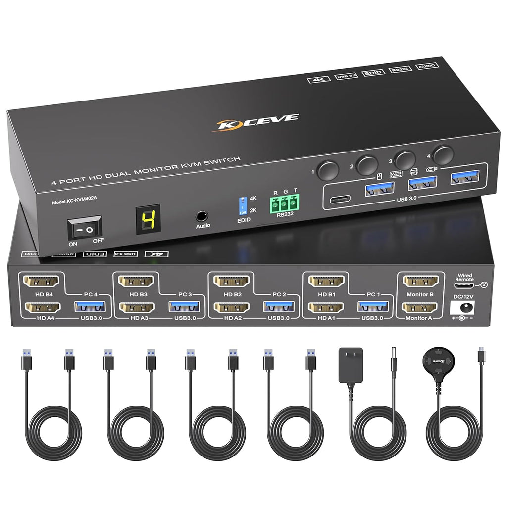 KVM Switch 2 Monitors for 1 Laptop and 1 Desktop 4K@60Hz, USB C HDMI Dual Monitor KVM Switch,Docking Station KVM Switches with 4 USB 3.0 Port, 80W PD Charging, Wired Remote and USB-C Cable Included